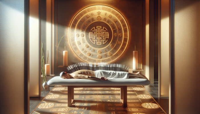 Acupuncture for Muscle Recovery: A person receiving acupuncture in a serene room, needles along meridians, traditional Chinese symbols on walls.