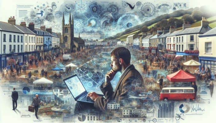 A small business owner in Dawlish analysing social media metrics on a laptop amidst local landmarks and events.