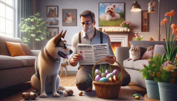 A pet owner reads a vet's guide on Easter dangers as a dog and cat eye a hazardous basket.