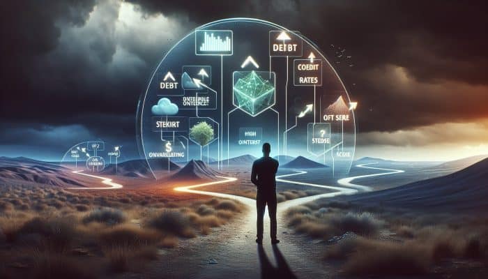 Debt Consolidation Loans Without a Bank Account: UK Solutions | DCL A person at a crossroads analyzing a financial chart on debt consolidation under a stormy sky.