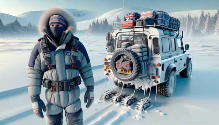 Winter Transport Tips for Clearance Items: Person in UK wearing insulated layers next to vehicle with snow chains and emergency kit in snowy landscape.