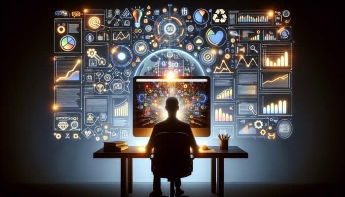 A computer screen displaying the Google Analytics dashboard with SEO charts and graphs, user analyzing data.
