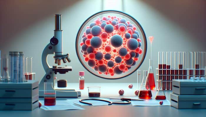 Ferritin Blood Test in Leighton Buzzard: A close-up of a blood sample with glowing ferritin molecules, surrounded by medical equipment and an iron level chart.