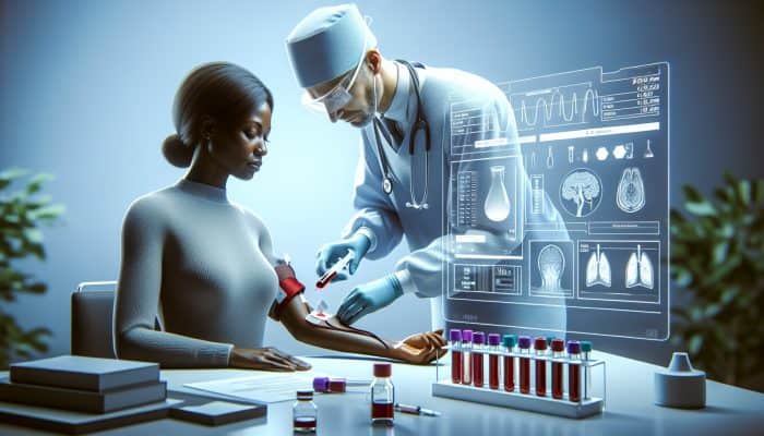 Illustration of ferritin test: blood drawn from arm, analysed in lab.