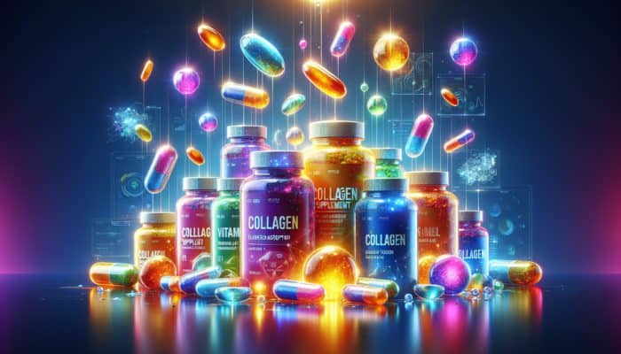 Bottles of collagen supplements with vitamin C capsules and hyaluronic acid droplets, enhancing absorption and skin vitality.