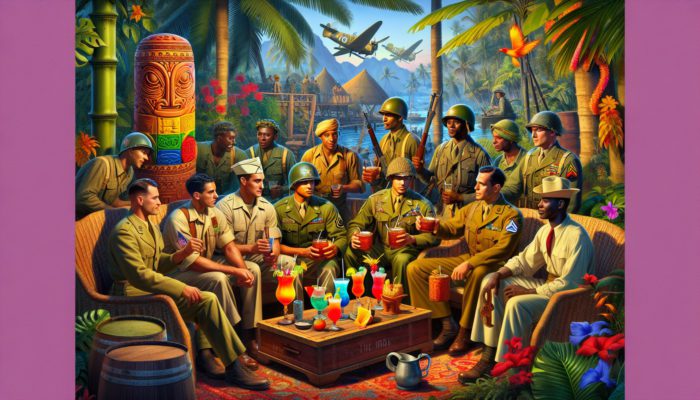 Soldiers sharing Polynesian artifacts amidst tropical plants and tiki cocktails in the 1940s, marking the birth of Tiki culture.
