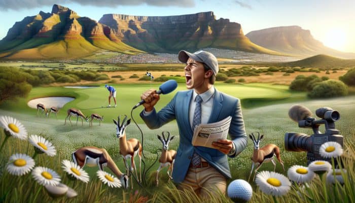 How to Get Into Golf Journalism: A South African journalist with a journalism degree reporting on a golf tournament amidst iconic landscapes, capturing the sport's essence and history.