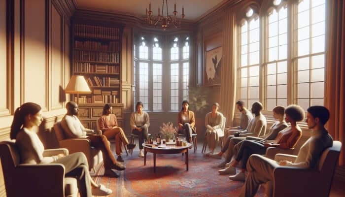 Support Groups for UK Bereavement Clearance: A serene group therapy session in a cosy UK room, with diverse people sharing emotions and coping strategies.