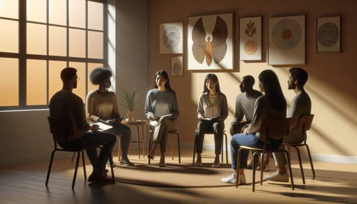A diverse group in a circle, guided by a compassionate facilitator in a warm, safe room.
