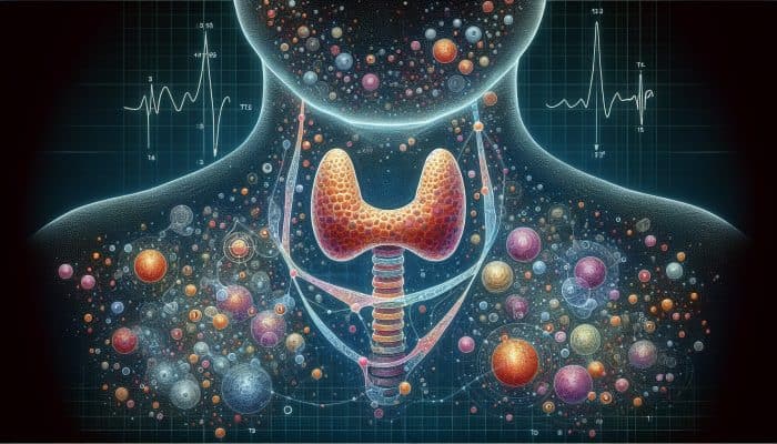Thyroid Blood Test in Sutton Coldfield: Anatomical illustration of thyroid gland producing T3 and T4 hormones, affecting metabolism and energy.