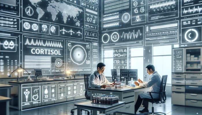 Illustrative medical diagram of the cortisol blood test procedure in a modern Bury laboratory, with experts analysing the results.