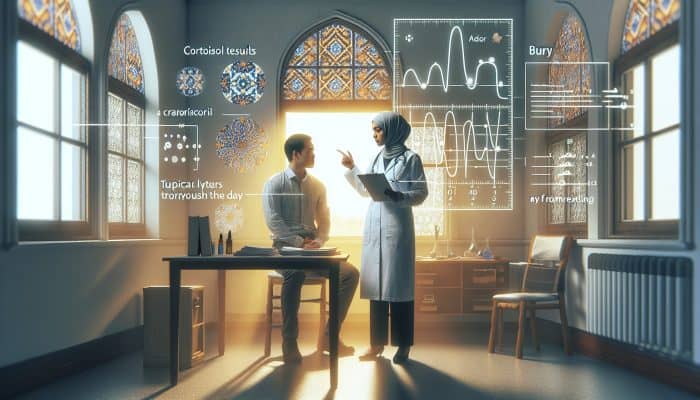 A doctor in Bury discussing cortisol test results using a graph, with morning sunlight illuminating the room.