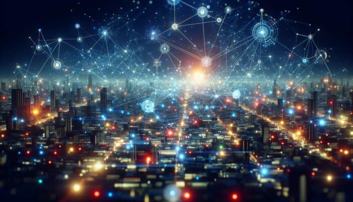 A digital landscape with vibrant nodes and glowing pathways optimising content, set against a futuristic cityscape.