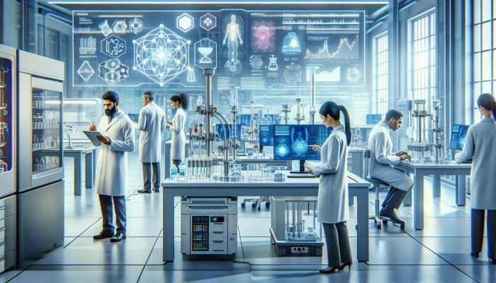 Modern lab in Farnworth with professionals analysing full blood count results, focusing on precision and expertise.