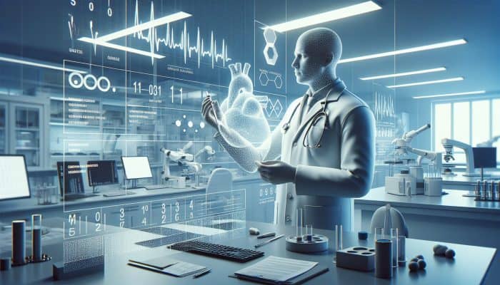 Person in lab coat analysing cholesterol test results in a modern lab setting.
