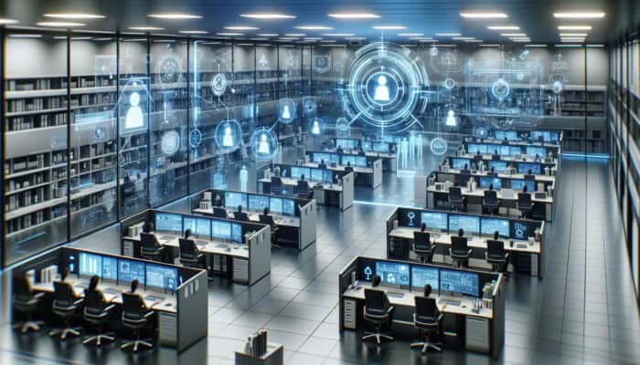 Futuristic office with specialized virtual assistants using AI for digital marketing, project management, and customer service.