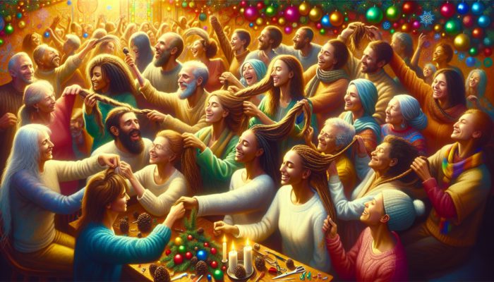 A family and friends joyfully braiding hair, surrounded by holiday decorations, enhancing festive atmosphere.
