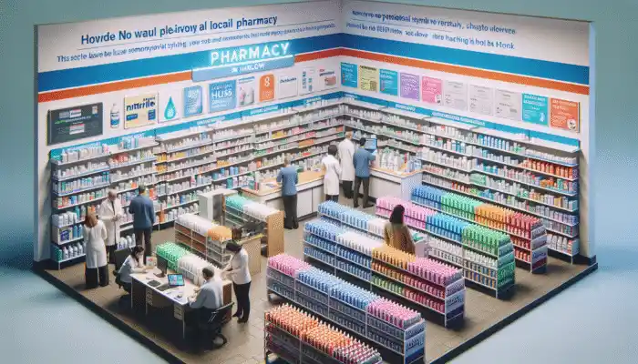 Nitrile Gloves in Harlow: A busy Harlow pharmacy with nitrile gloves on shelves, staff helping customers, and promotional signs visible.