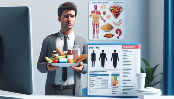 A person experiencing digestive issues and fatigue, looking confused while holding gluten and dairy food products, in proximity to a food intolerance test kit at a clinic.