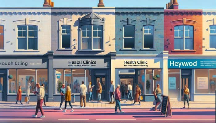 A bustling street in Heywood featuring clinics that provide food intolerance testing, with people coming and going.