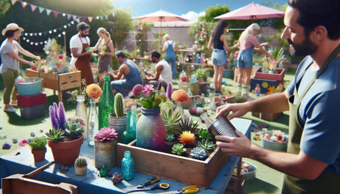 People reusing household waste creatively for summer clearance, with containers as planters and bottles as garden decor.
