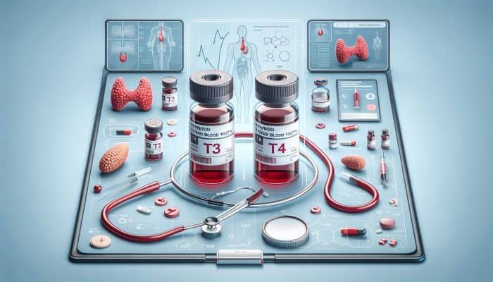 Thyroid Blood Test in Stalybridge: Illustration of thyroid blood tests with T3, T4 vials, thyroid gland, and diagnostic tools.