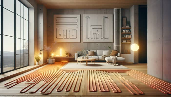 Hydronic Radiant Floor Heating Services in North Vancouver: Modern living room with hydronic radiant floor heating, warm water pipes under wooden floors, cozy and draft-free.