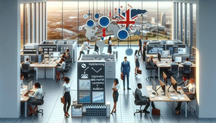 A UK office team implementing data management systems and conducting audits to prevent consolidation errors.