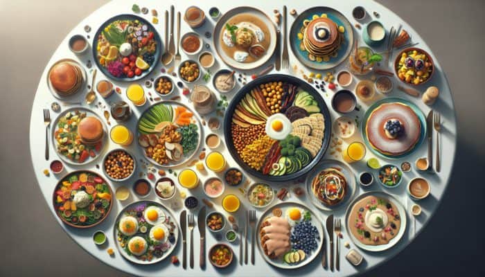 A colourful brunch spread featuring plant-based and global fusion dishes, illustrating current trends.
