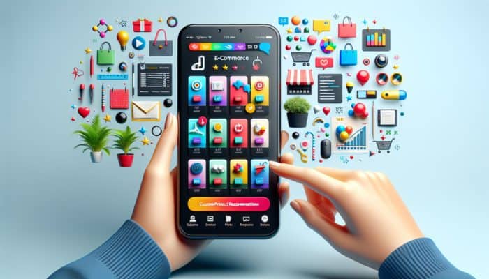 A smartphone displaying a modern e-commerce site with personalized recommendations and a vibrant, user-friendly interface.