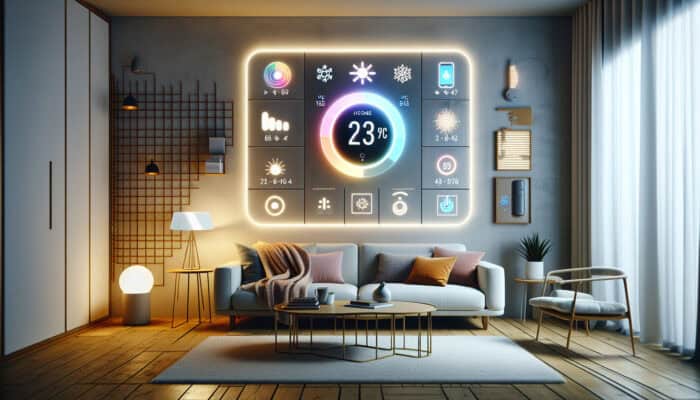 Smart thermostat mounted on the wall in a modern living room, controlled by a smartphone, with sensors monitoring the heating system.