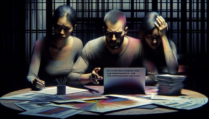 How to Consolidate Debt with a Cosigner: UK Guide | DCL A cosigner and borrower at a table with financial documents and a laptop, discussing debt consolidation under dim lighting.