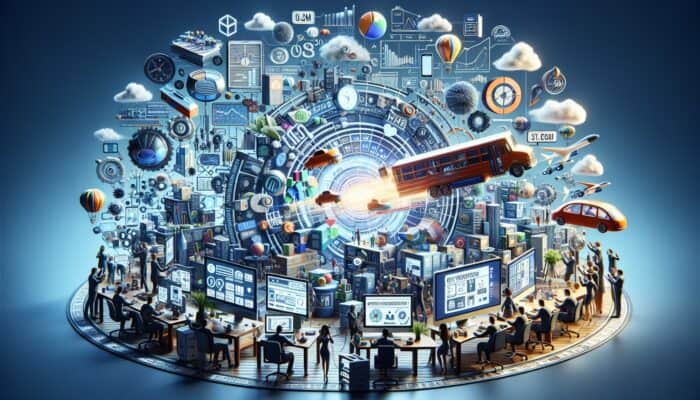 A bustling e-commerce website with streamlined images loading swiftly on devices, optimised by CDNs for a seamless shopping experience.