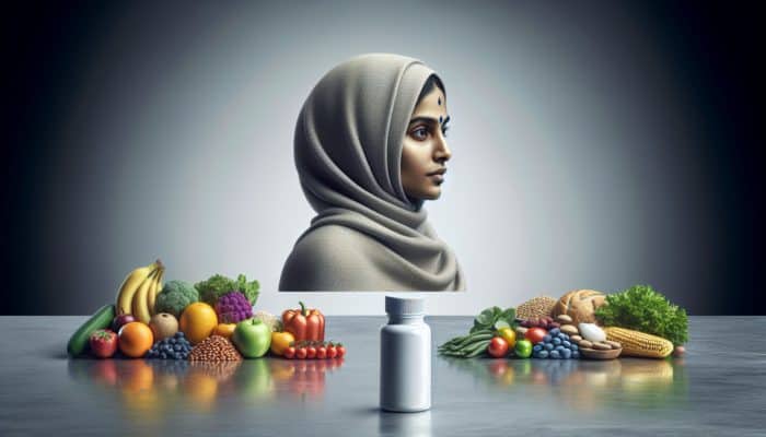 A person choosing between colourful whole foods and a solitary multivitamin bottle, illustrating dietary health decisions.