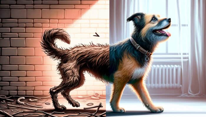 A scruffy dog, once abandoned, now joyfully wagging its tail in a loving home.