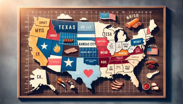 A U.S. map showcasing BBQ styles: Texas smoky brisket, Kansas City sweet ribs, Memphis dry-rubbed pork, Carolina vinegar and tomato sauces.