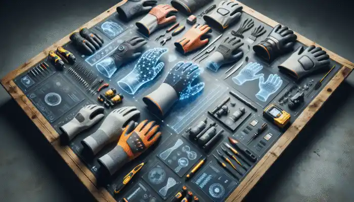 A diverse selection of safety gloves displayed on a workbench, designed for various industries.