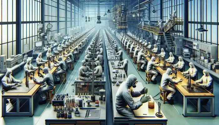 Workers in Goole lab rigorously testing safety gloves with advanced equipment for quality and durability.