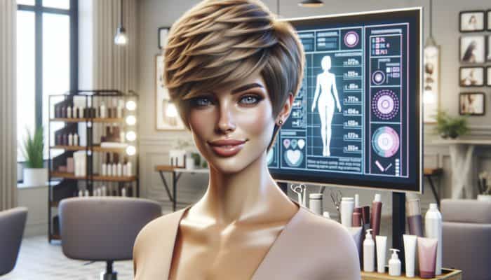 A woman showcasing a stylish pixie cut while confidently posing in a modern salon surrounded by hair care products.