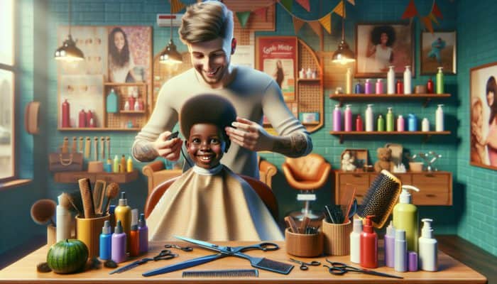 A skilled hairstylist giving a pixie cut to a smiling child in a vibrant salon environment.