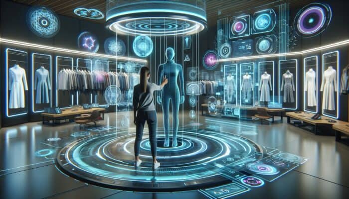 A futuristic AR room showcasing holographic screens and clothing items for virtual try-ons.