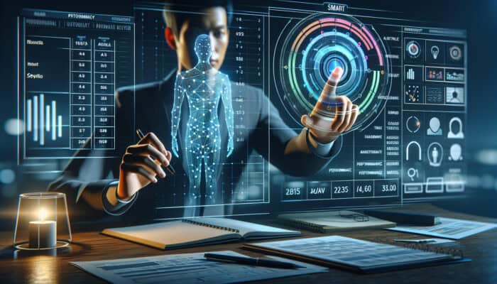 Person setting SMART goals on device, collaborating via video call with human VA, calendar and performance charts in background.
