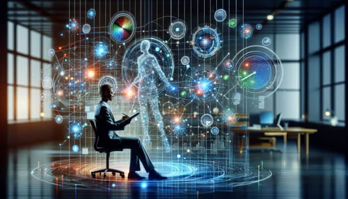 A professional human VA managing screens with calendars and tasks, enabling an executive to focus on strategy in a modern office.