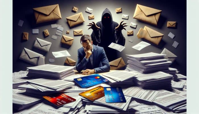 How to Flip Debt Consolidation into Savings: UK Guide | DCL Person overwhelmed by financial documents and credit cards, with shadowy figure symbolising hidden fees and debt consolidation pitfalls.