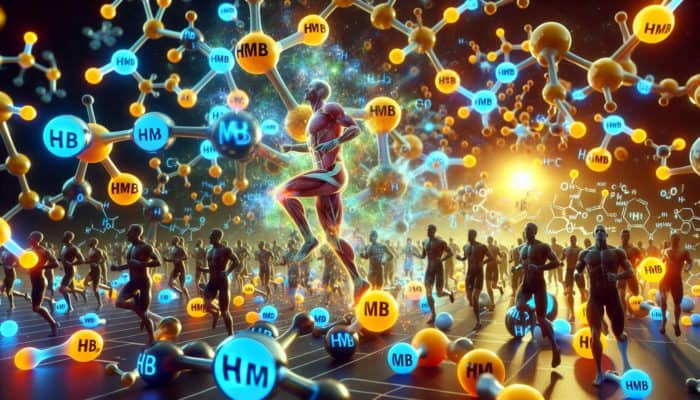 Illustration of HMB molecules enhancing muscle fibers and aiding recovery in athletes.