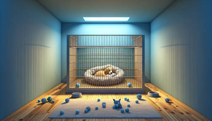 A cosy puppy haven with a soft bed in a crate, surrounded by calming blue walls and gentle lighting, with toys and water nearby.