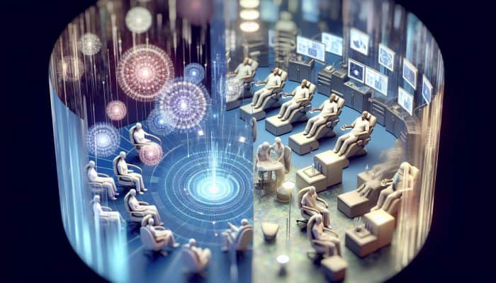 A serene UK clinic with modern laser acupuncture devices and patients receiving painless treatment in a soothing atmosphere.