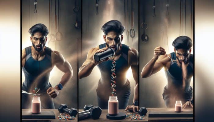 An individual in athletic attire taking supplements before, during, and after HIIT, surrounded by sports equipment.