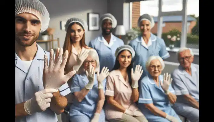 Disposable Gloves for Care Home Staff: Care home staff wearing Honeywell, Kimberly-Clark, and Ansell gloves, showcasing latex and nitrile options in a UK setting.