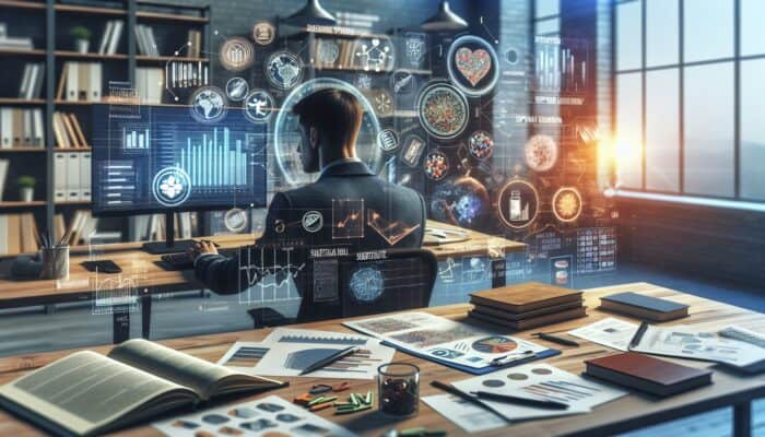 A professional analysing supplement research data on a computer, surrounded by books and notes.